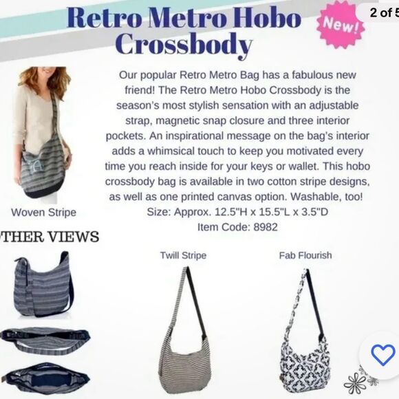 Women's Thirty-One Retro Metro Navy Striped Hobo Cross Body Bag - Picture 3 of 12